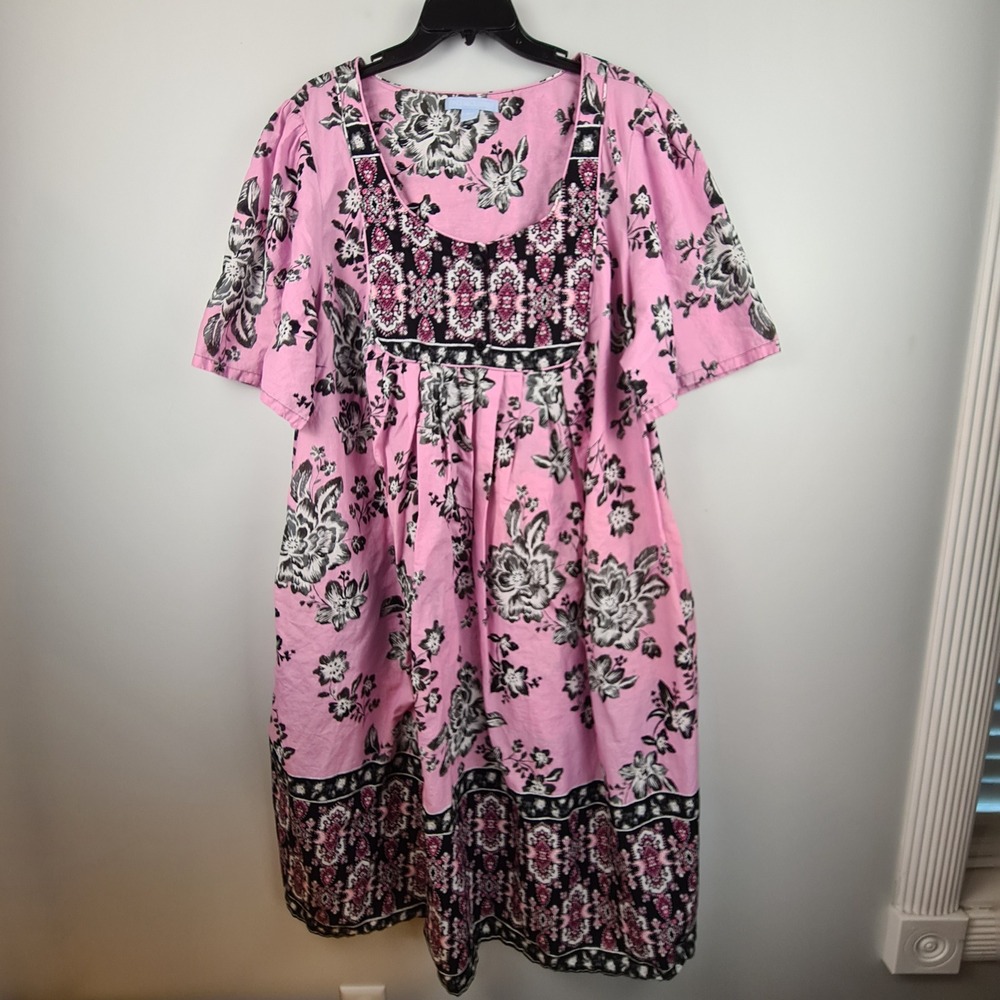 Only Necessities Pink Floral Cotton Muumuu House Dress Plus Size 3X 30/32 Pocket